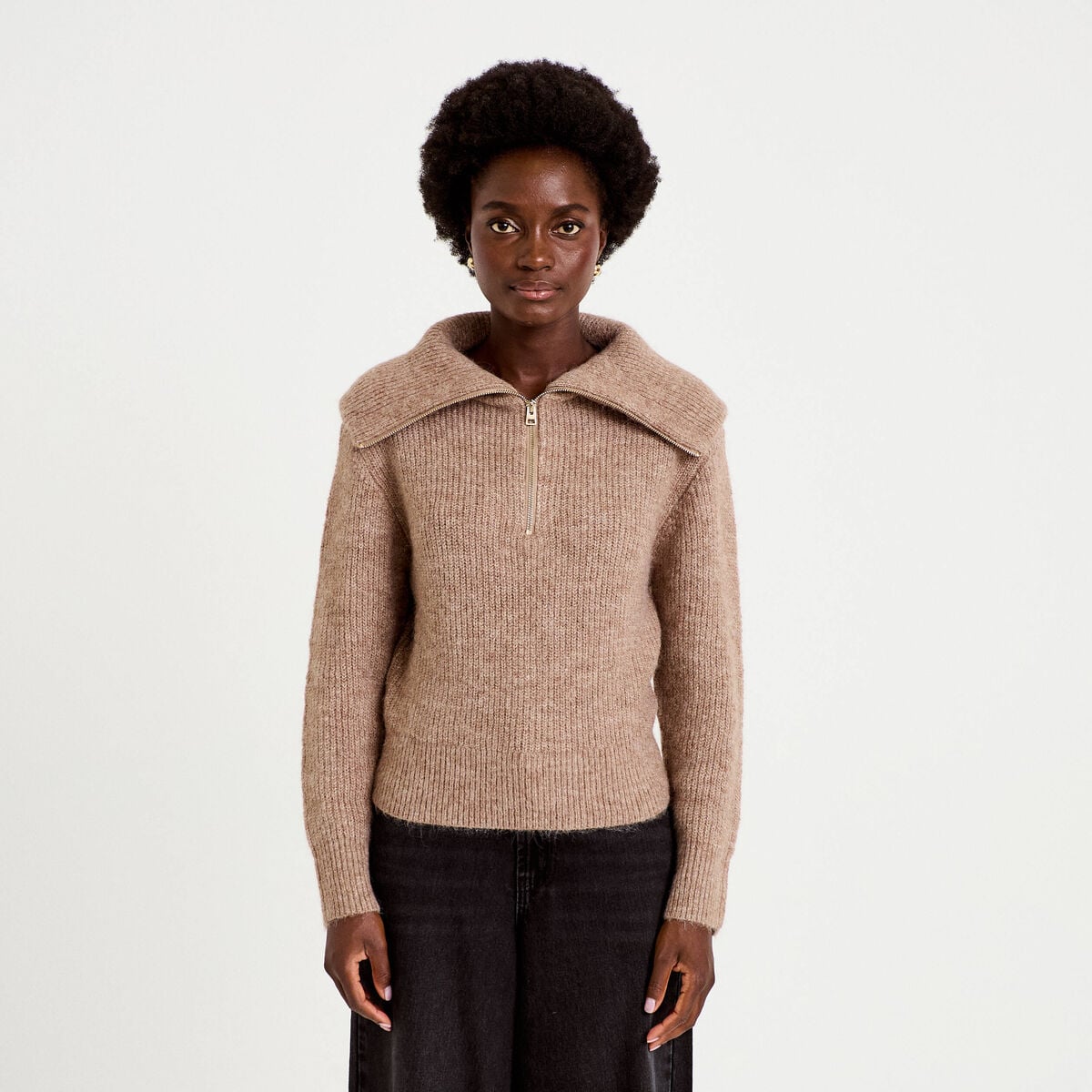 Pull col camionneur manches longues beige femme