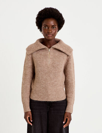 Pull col camionneur manches longues beige femme