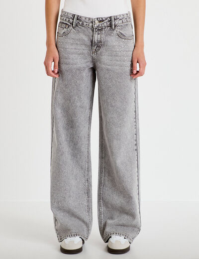 Jean wide leg taille basse strass denim gris femme
