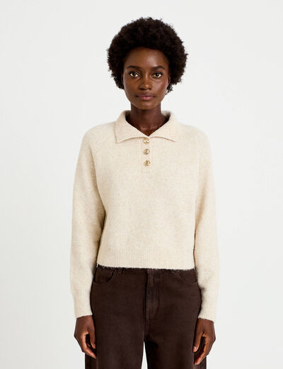 Polo manches longues col chemise beige femme