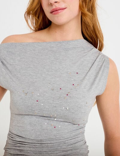 Top ajust&eacute; sans manches col bateau gris clair femme