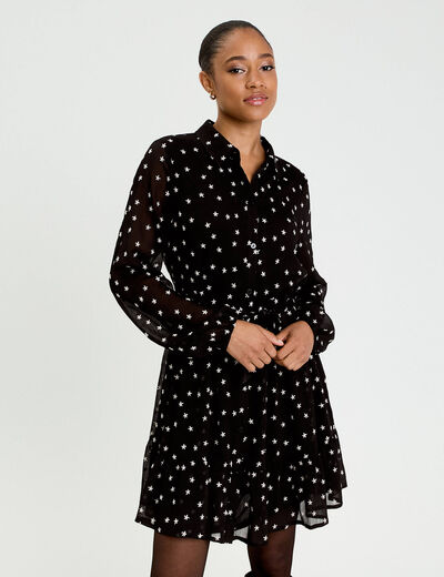 Robe brod&eacute;e &eacute;vas&eacute;e manches longues noir femme