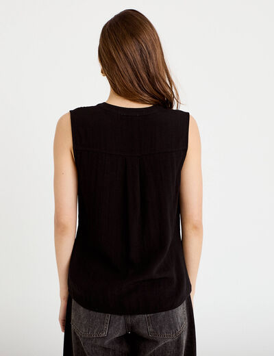 Blouse sans manches col tunisien pliss&eacute; noir femme
