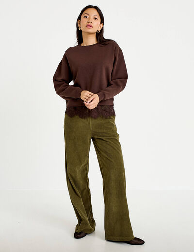 Pantalon jogging taille standard velours vert kaki femme