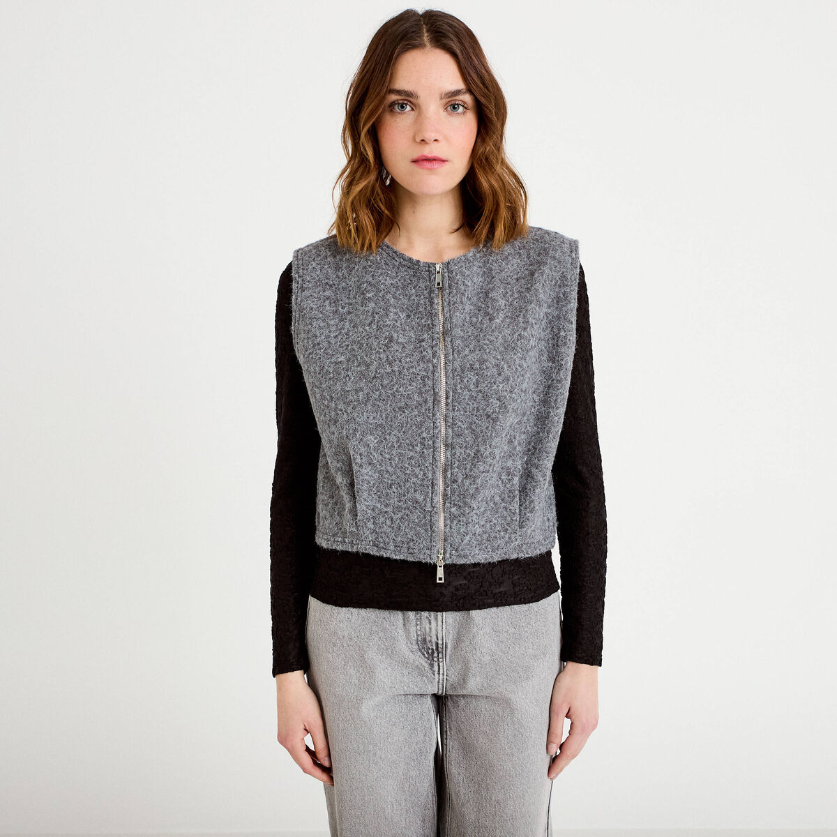 Veste sans manches effet polaire gris clair femme