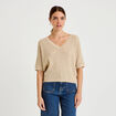 Pull ajour&eacute; col v manches courtes beige femme