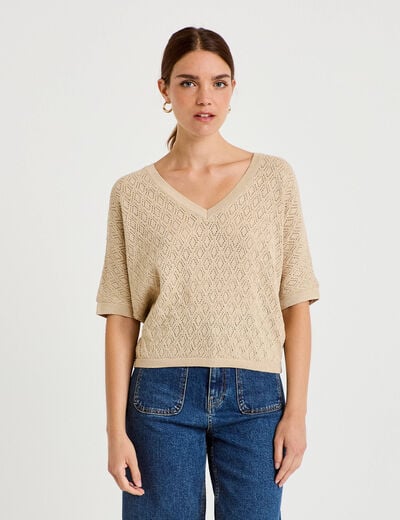Pull ajour&eacute; col v manches courtes beige femme