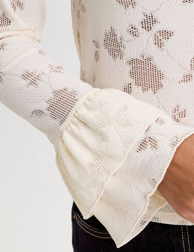 Blouse ajour&eacute;e col montant dentelle ivoire femme