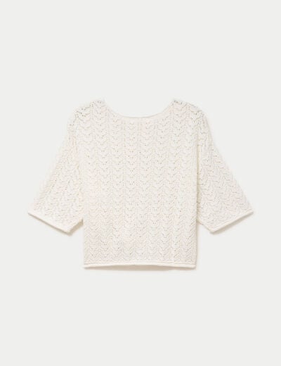 Pull ajour&eacute; aspect dentelle col rond ecru femme
