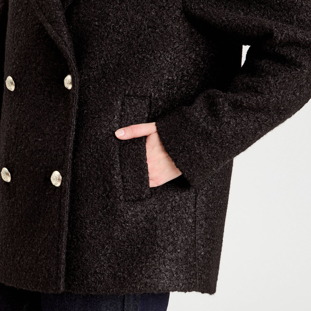Manteau bouclette boutonn&eacute; noir femme