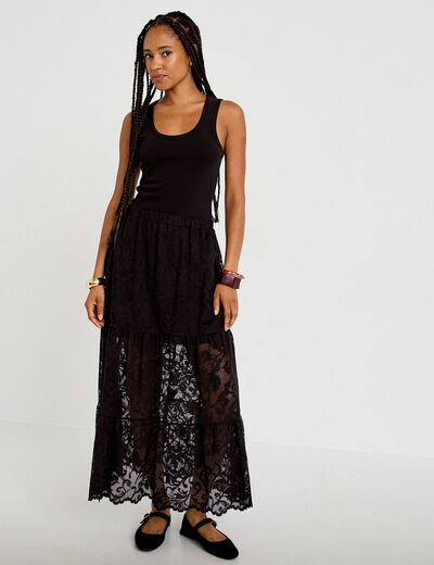 Jupe &eacute;vas&eacute;e longueur 3/4 dentelle noir femme