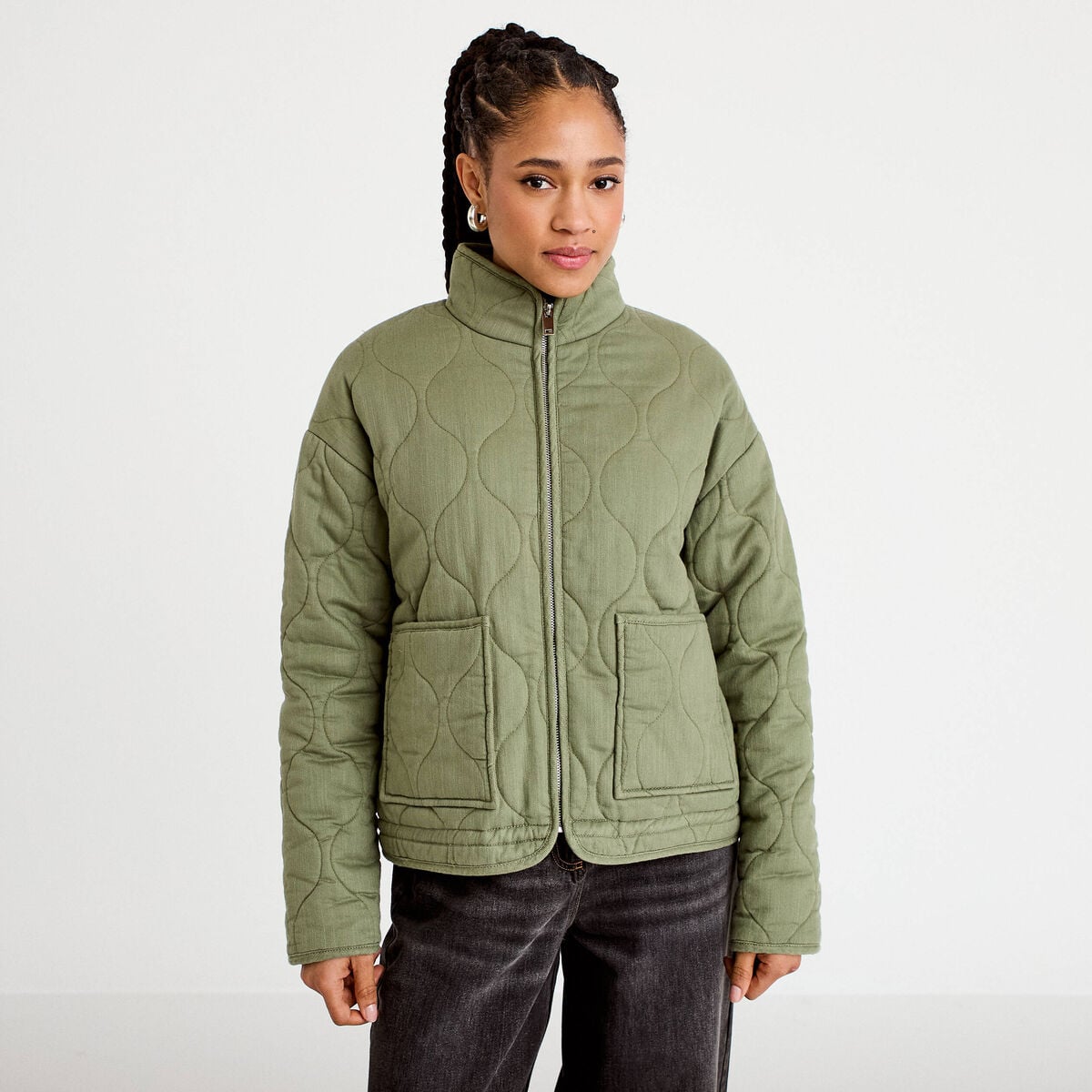 Veste matelass&eacute;e zipp&eacute;e vert kaki femme