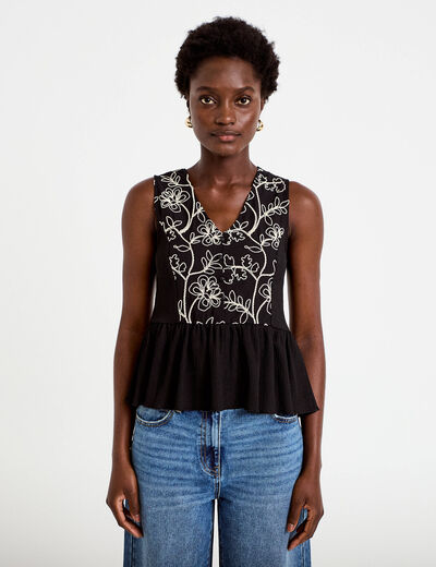 Blouse cintr&eacute;e sans manches col v noir femme