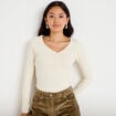 T-shirt c&ocirc;tel&eacute; ajust&eacute; manches longues ecru femme
