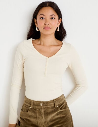 T-shirt c&ocirc;tel&eacute; ajust&eacute; manches longues ecru femme
