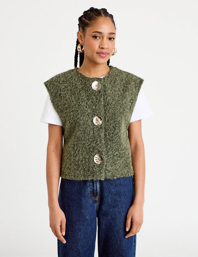 Gilet sans manches effet polaire vert kaki femme