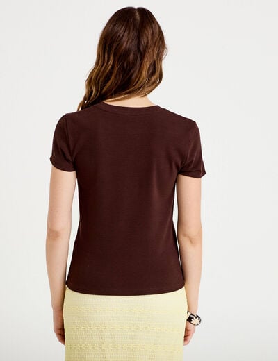 T-shirt c&ocirc;tel&eacute; ajust&eacute; manches courtes marron fonc&eacute; femme