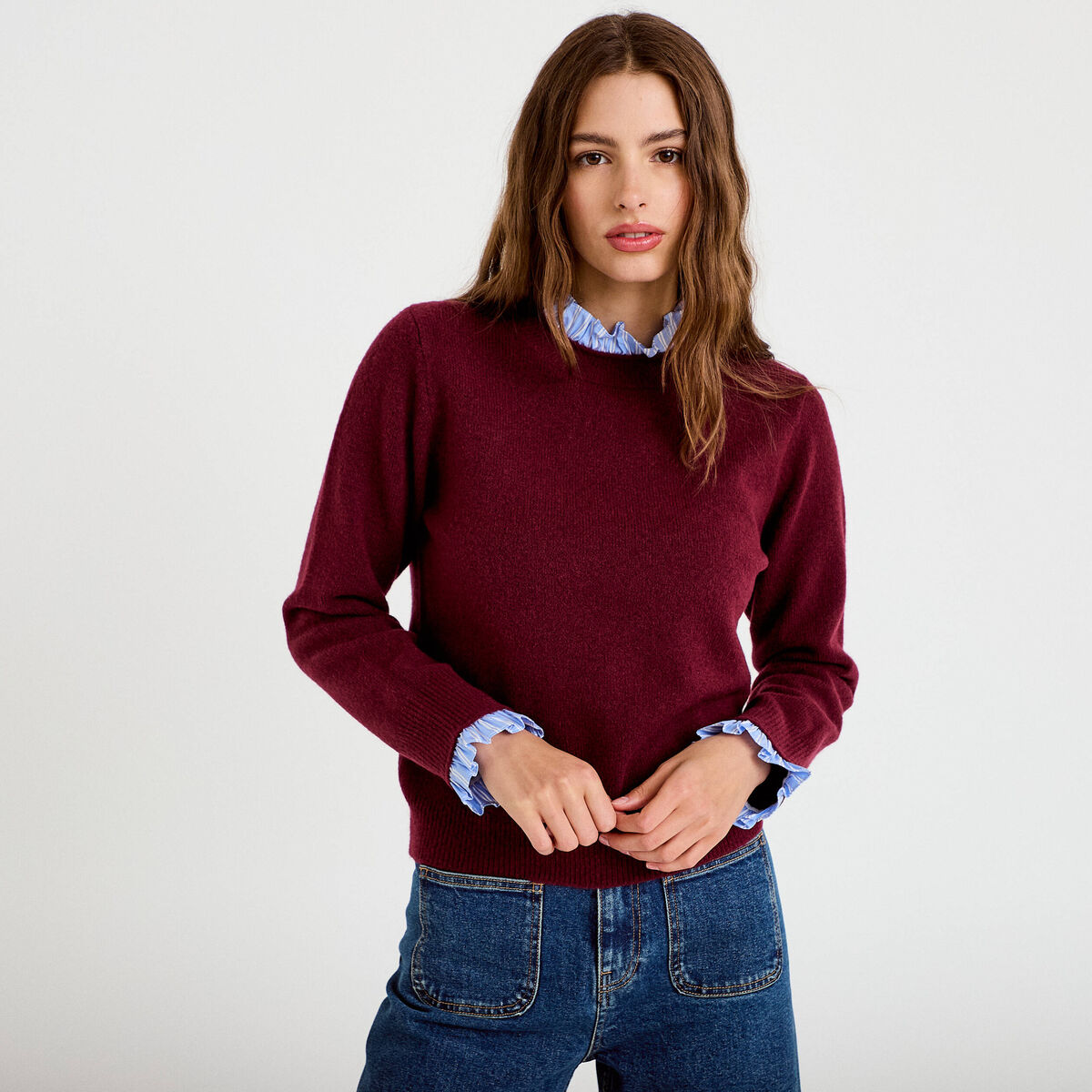 Pull col chemise manches longues bordeaux femme