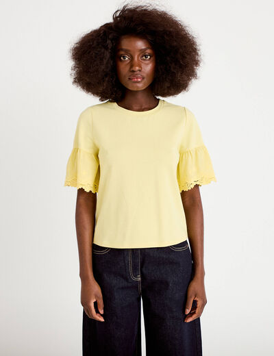 T-shirt broderie manches courtes jaune clair femme