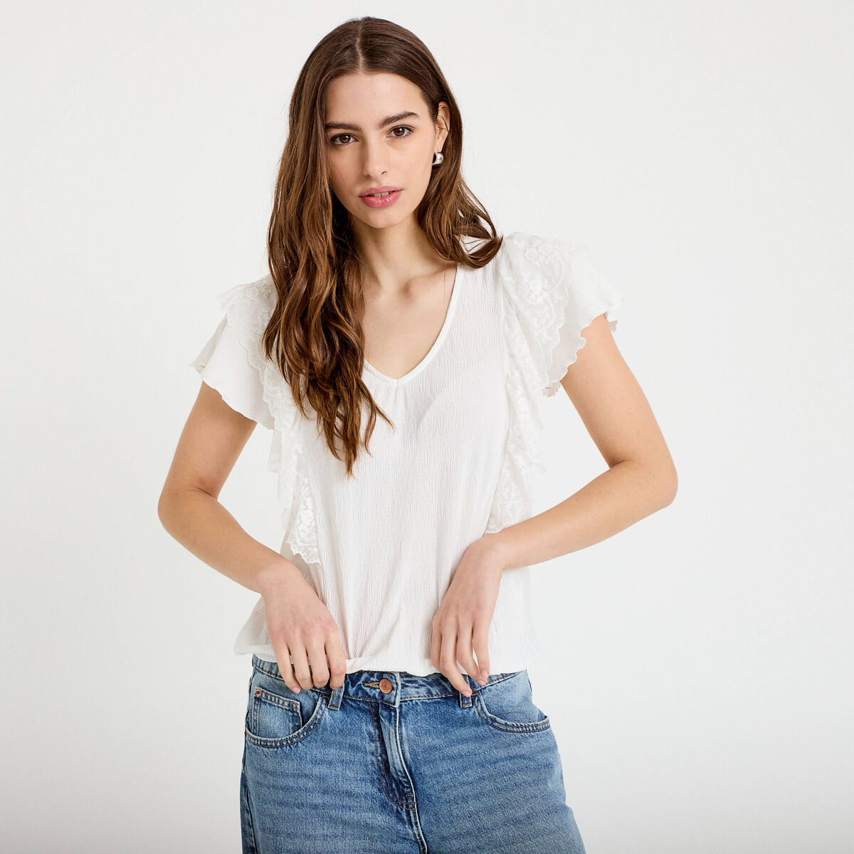 Blouse col v manches courtes dentelle ecru femme