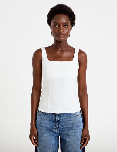 Top cintr&eacute; sans manches col carr&eacute; ecru femme