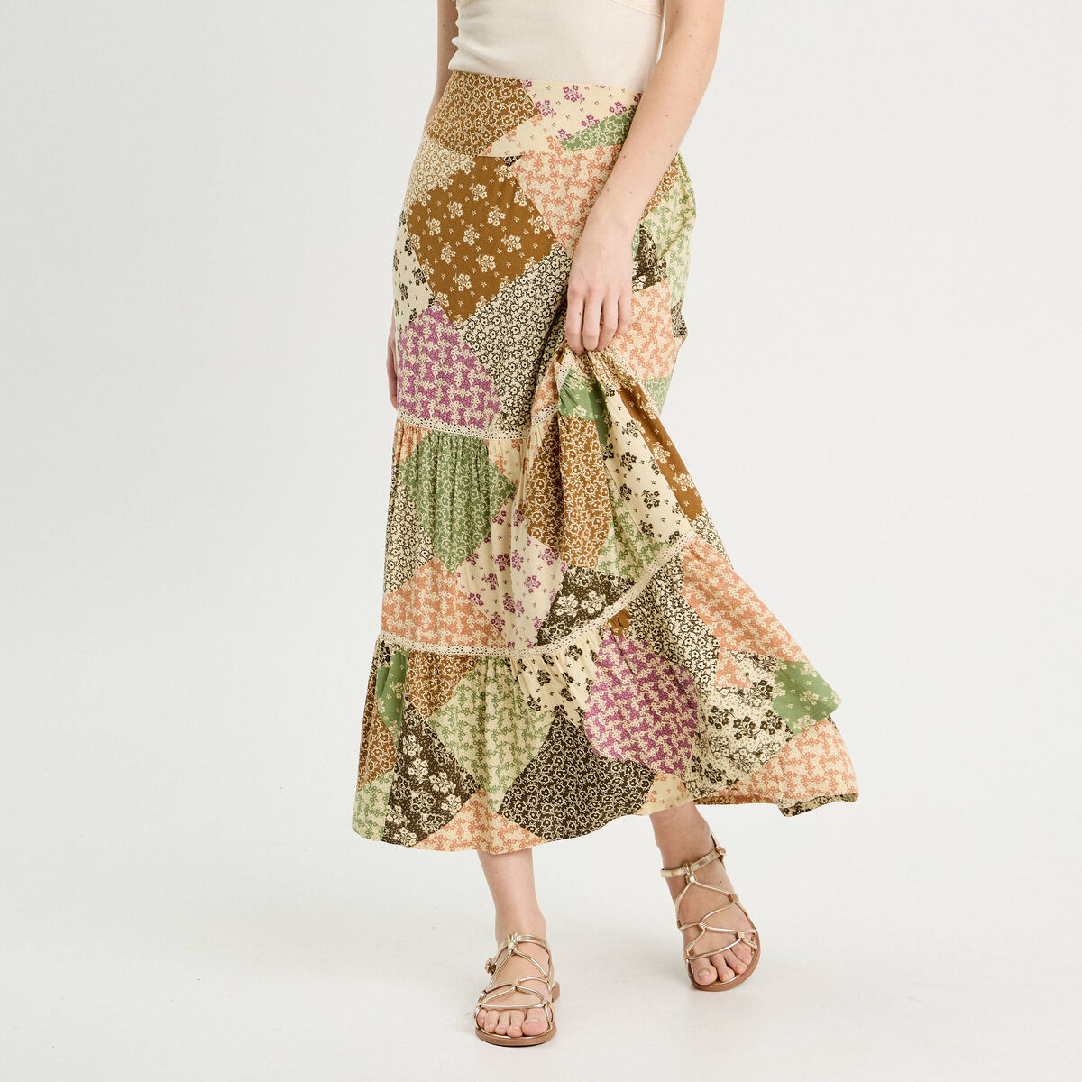 Jupe longue &eacute;vas&eacute;e beige femme