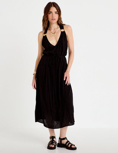 Robe longue droite fines bretelles col v noir femme