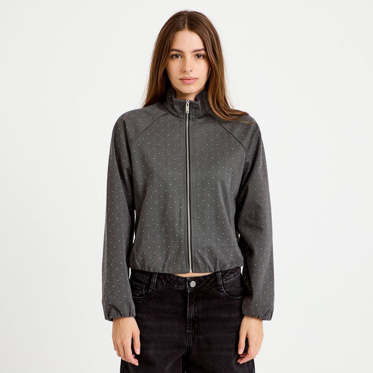 Veste effet boule col montant tweed noir femme