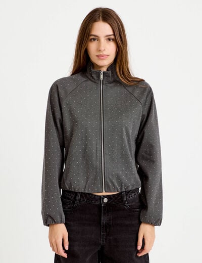 Veste effet boule col montant tweed noir femme