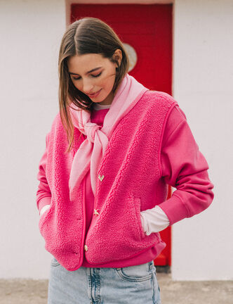 Gilet sans manches effet polaire col v rose fushia femme