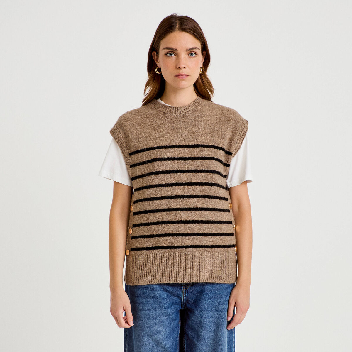 Pull sans manches marron femme