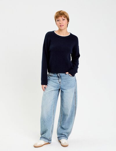 Pull col rond manches longues bleu marine femme