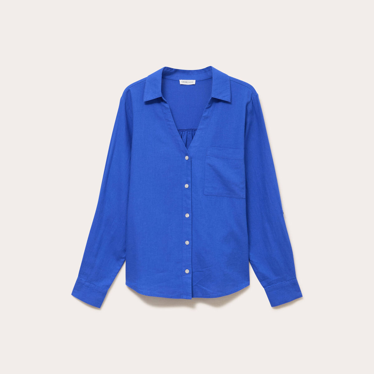 Chemise lin col V manches longues bleu electrique femme