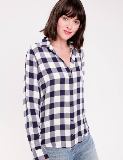 Chemise &agrave; carreaux fils m&eacute;tallis&eacute;s bleu femme