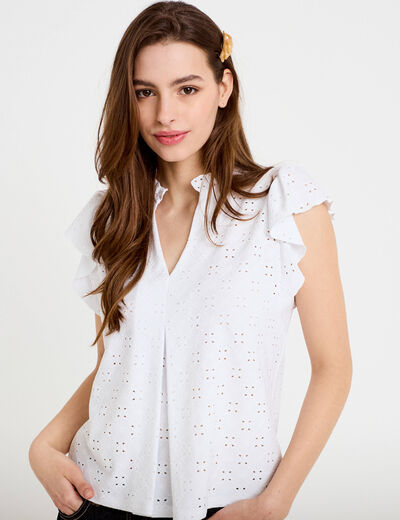 Blouse ajour&eacute;e col v manches courtes ecru femme