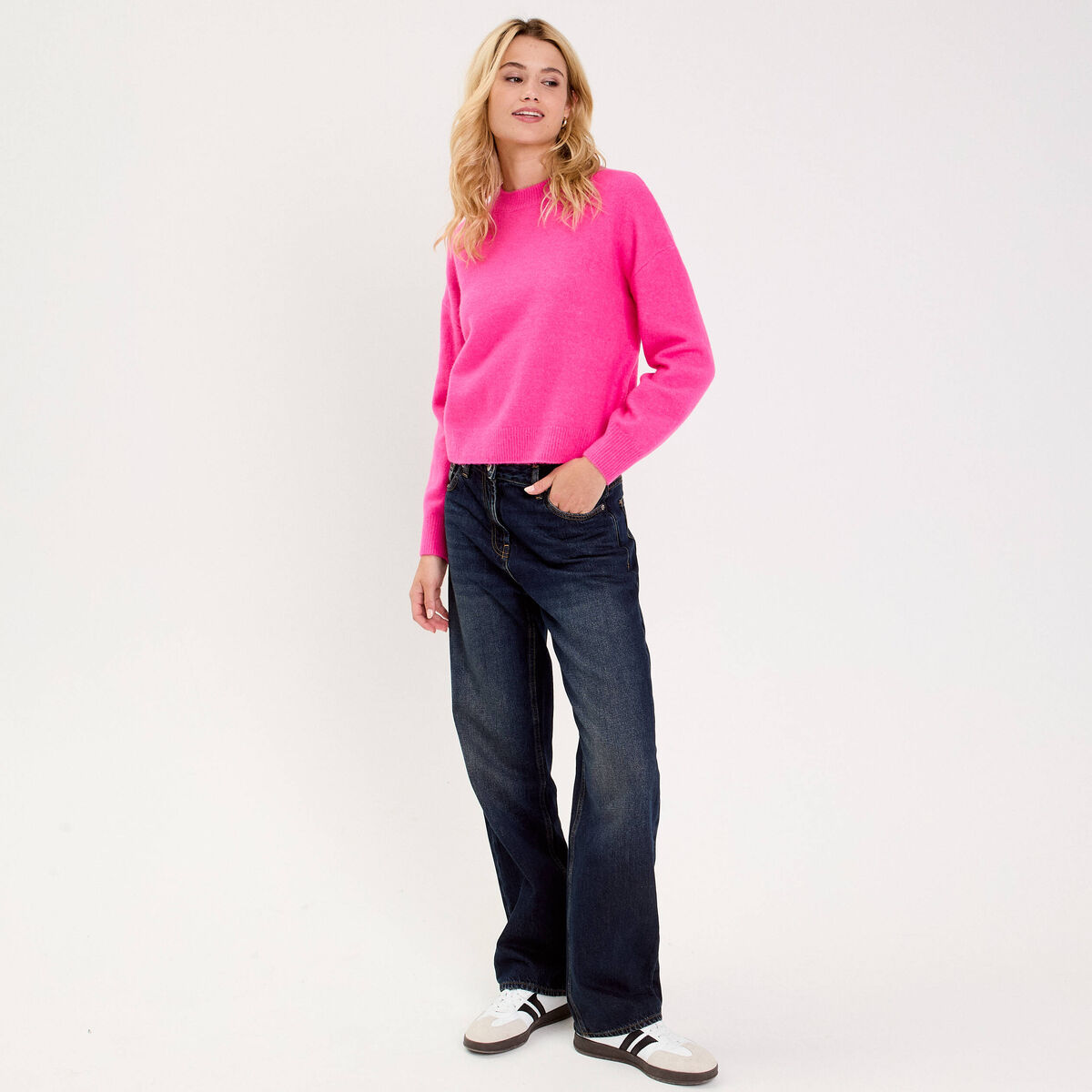 Pull col rond rose femme