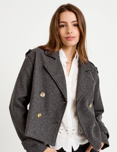 Trench droit court col tailleur gris femme