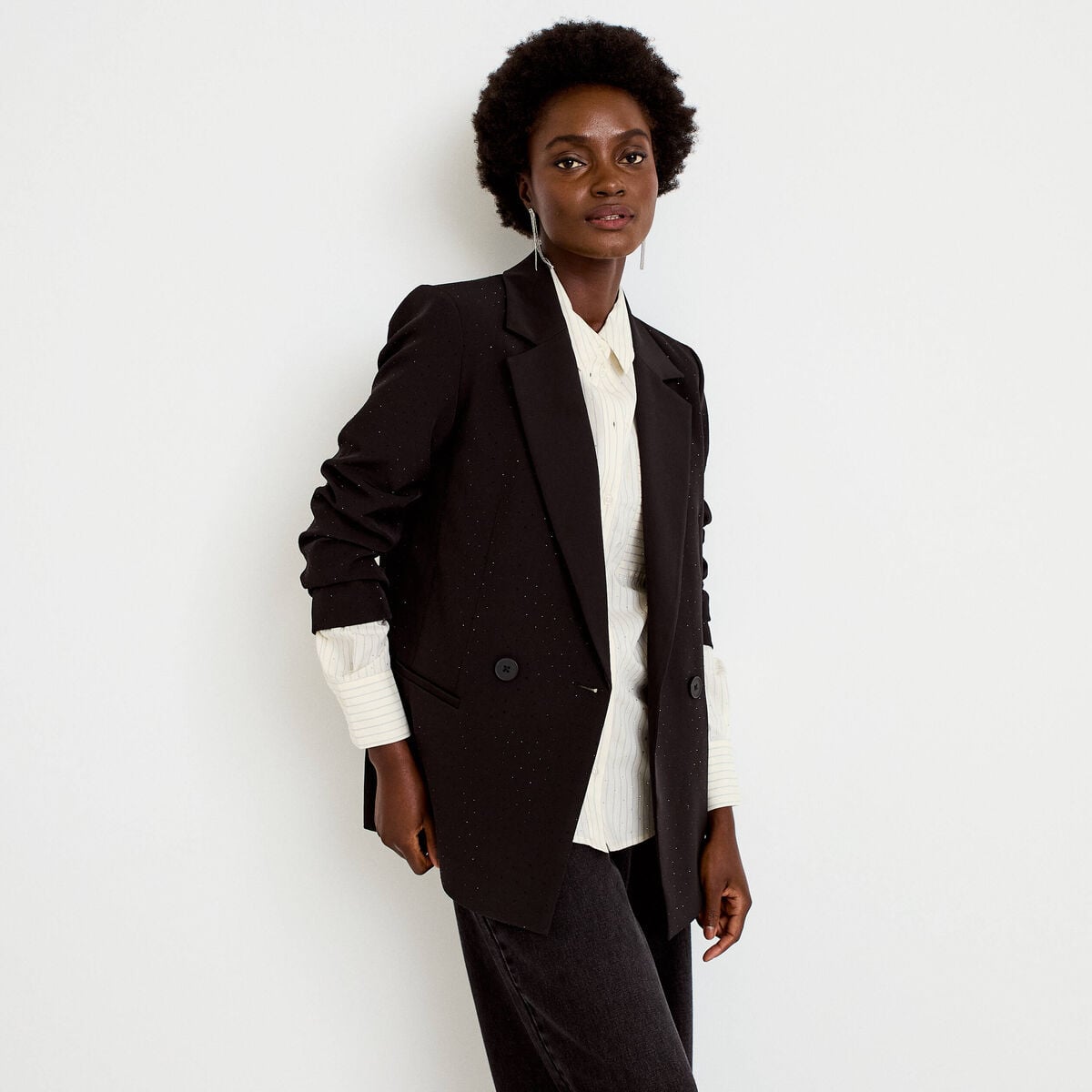 Blazer oversize brillant manches longues noir femme