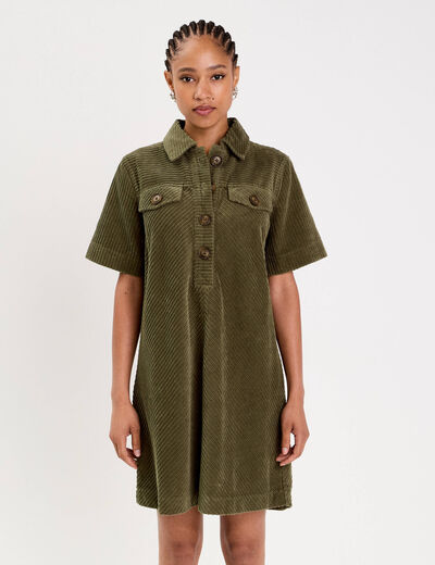 Robe courte droite en velours coton vert kaki femme