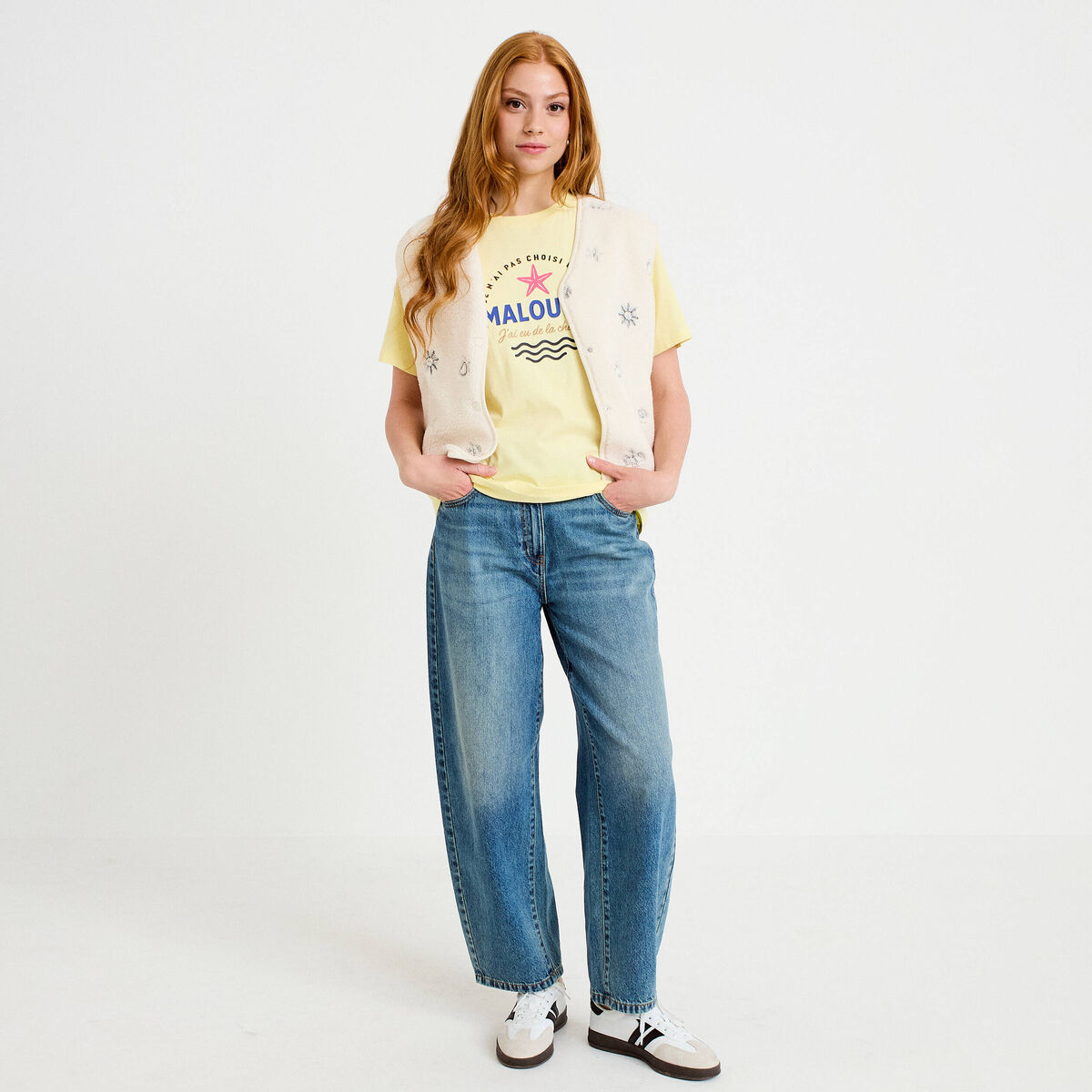 T-shirt col rond manches courtes jaune pastel femme