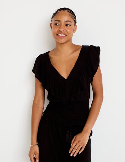 Blouse cintr&eacute;e cropped sans manches noir femme