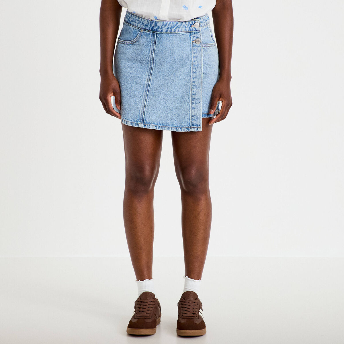 Jupe-short trap&egrave;ze en jean denim triple stone femme
