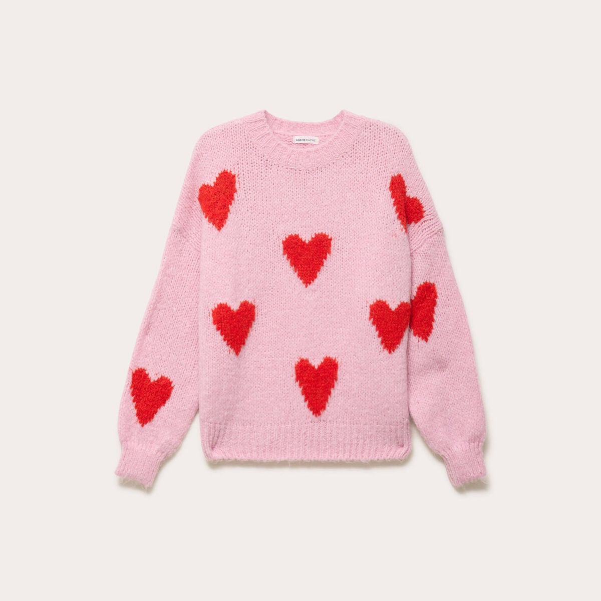 Pull oversize motif coeurs rose clair femme