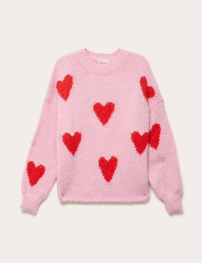Pull oversize motif coeurs rose clair femme