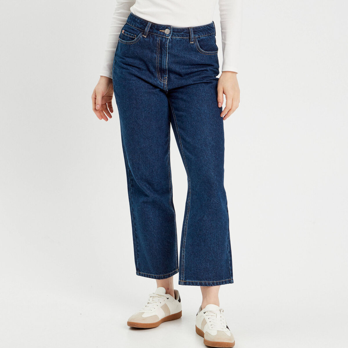 Jeans droit cropped taille haute denim brut femme