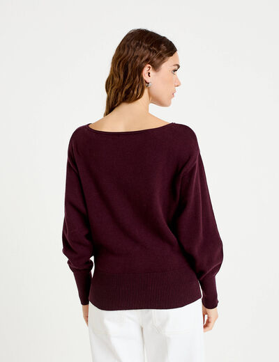 Pull oversize col bateau manches longues prune femme
