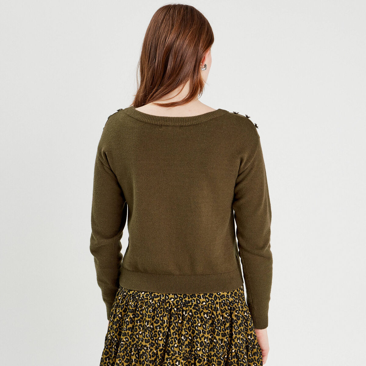Pull avec boutons &eacute;paules vert kaki femme