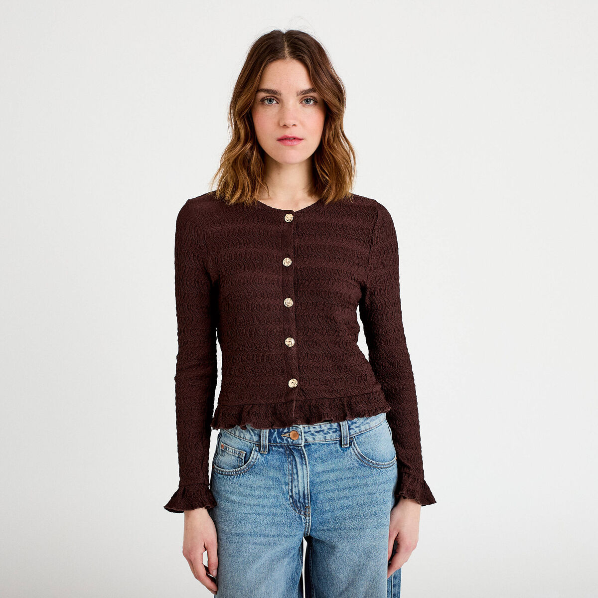 Gilet col rond manches longues bordeaux femme