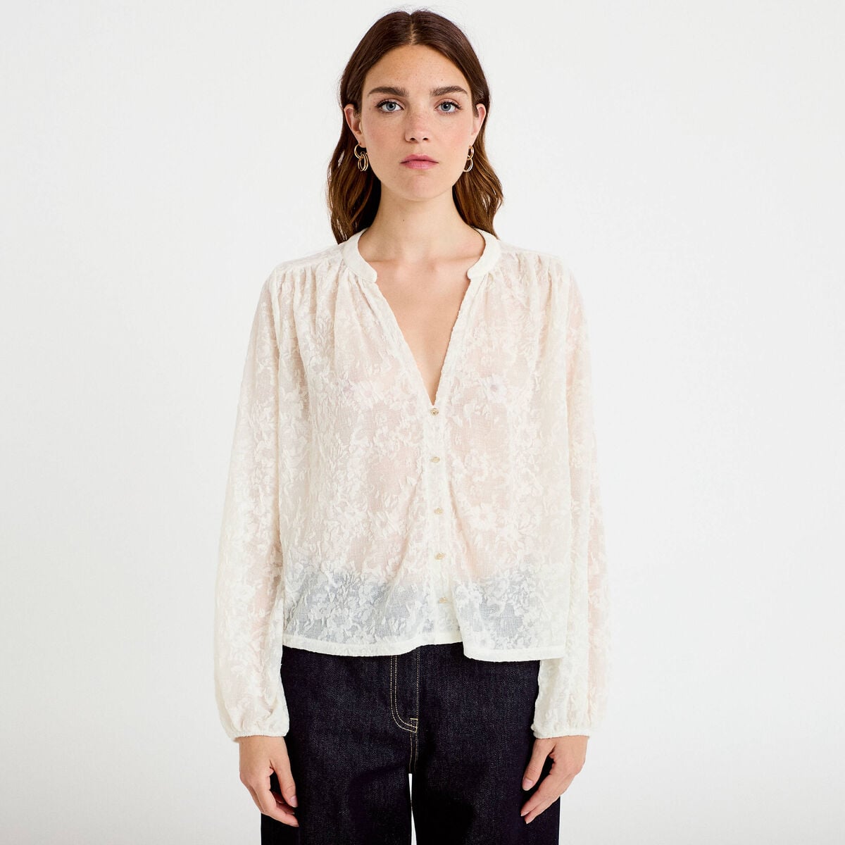 Blouse maille fantaisie ecru femme