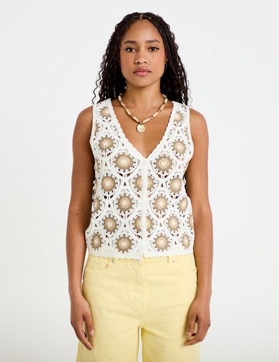D&eacute;bardeur crochet boutons ecru femme